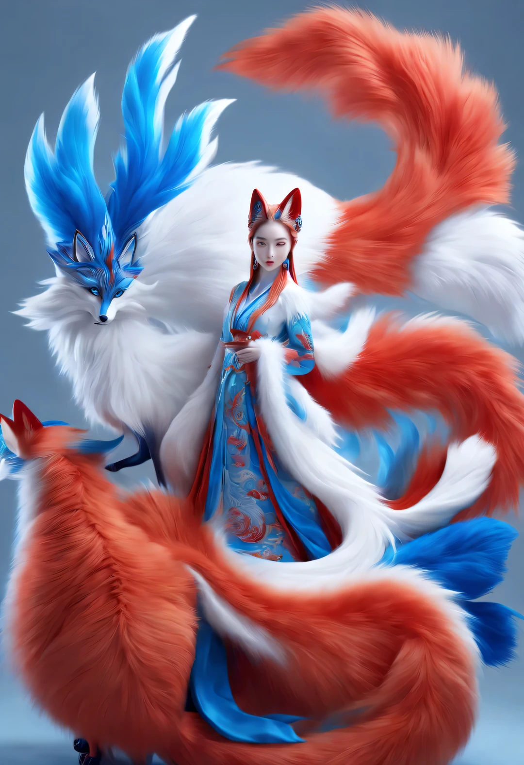 Zbrush style red and blue fashion painting, Oriental style, Soft realism and surreal details, blue and sky blue tones, (A white hair、blue eyes、Fox with nine red tails), Lots of fluffy red tails wrapped around, Ancient Chinese mythical beasts, fantasy,Mythological background