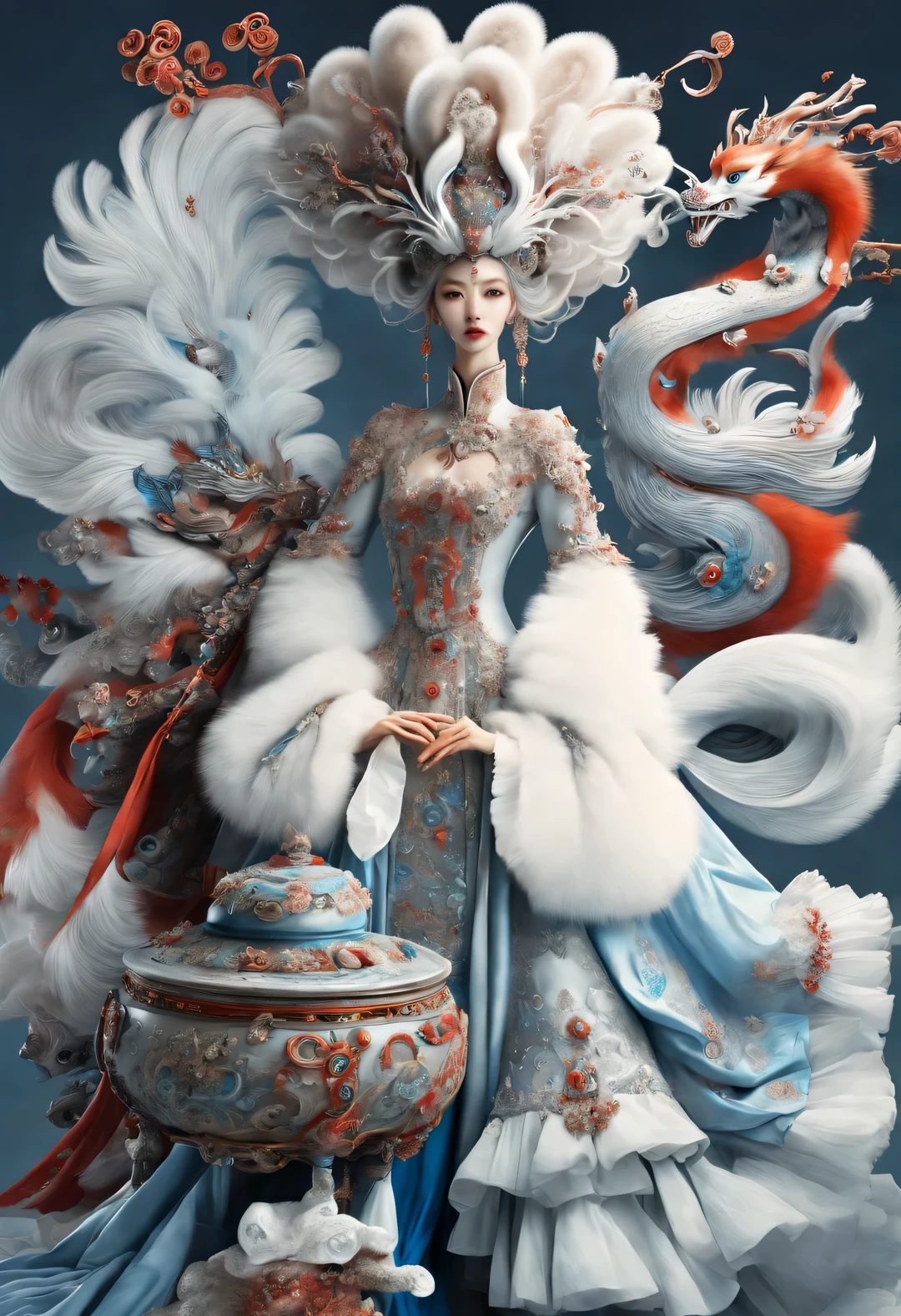 Zbrush style red and blue fashion painting, Oriental style, Soft realism and surreal details, blue and sky blue tones (A fox with only nine red tails and blue eyes: 1.0), fox beautiful face, white hair, Lots of fluffy red tails wrapped around, Ancient Chinese mythical beasts, Classic of Mountains and Seas, fantasy,