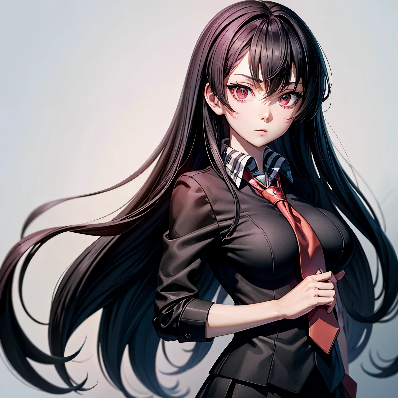 anime girl in black school uniform and red tie, best quality, high resolution, very smooth texture, cute and beautiful facial details, long black hair, big red eyes, eye liner, double eyelids, big breasts.