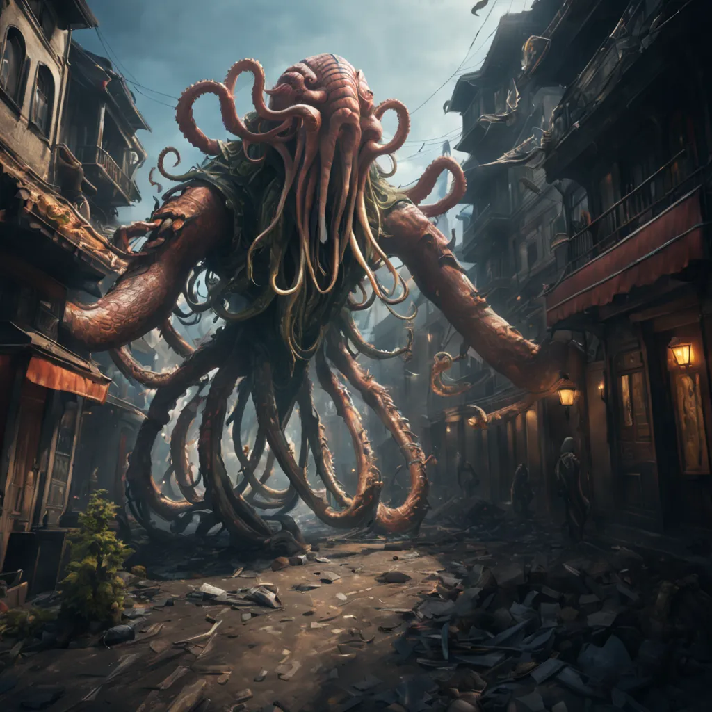 best quality，masterpiece，ultra high resolution，super huge magical creature，tentacles waving on the streets of loken city，the gro...