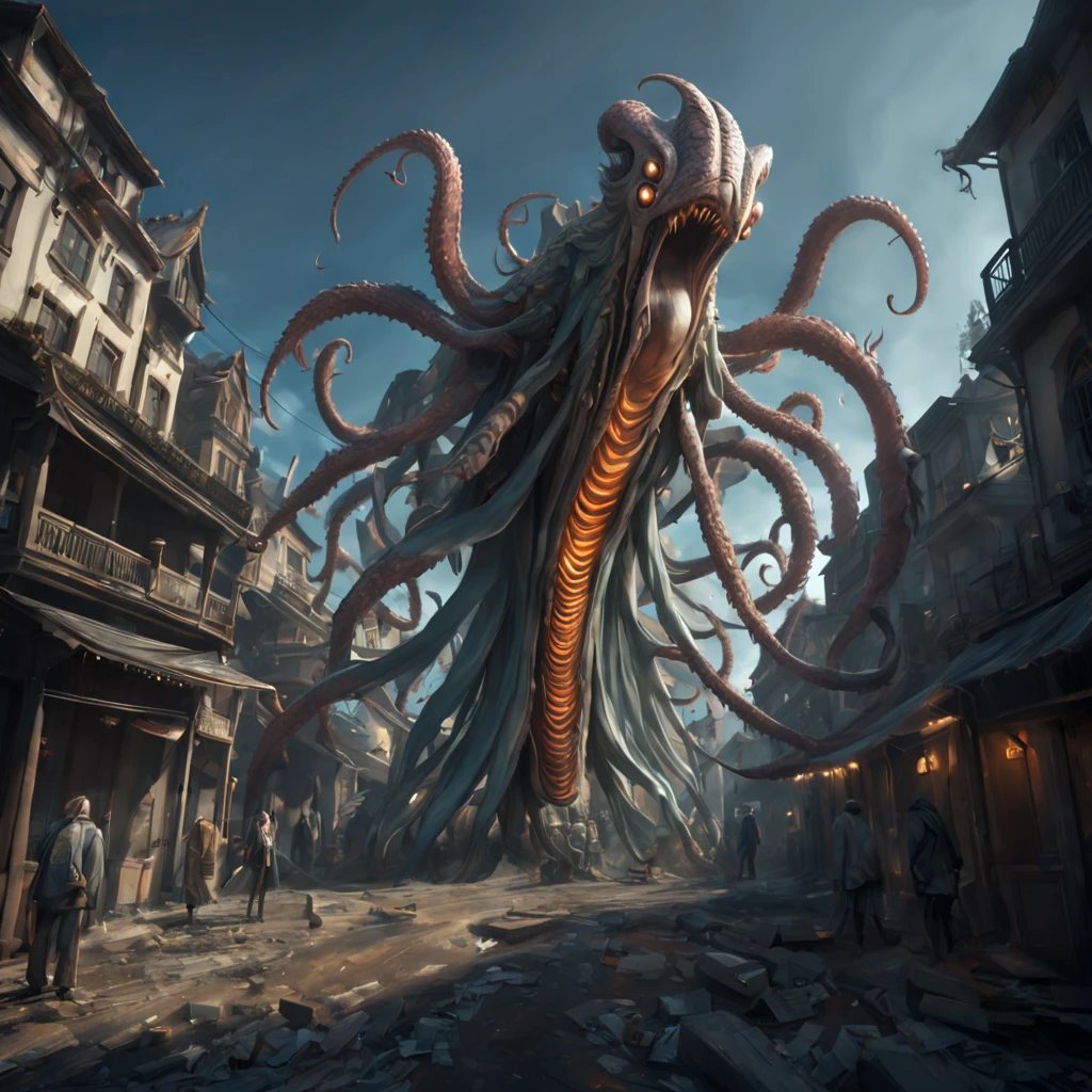 best quality，masterpiece，ultra high resolution，Super huge magical creature，Tentacles waving on the streets of Loken City，The ground is covered with gravel，broken cards，Small human beings，Surreal sci-fi scene from bottom perspective，Light and shadow effects，Depth of field effect，Light particle tracing，CG，Horror movie lighting effects，Volumetric lighting，Unreal 5，Courtyard 4d，Bright colors，8k