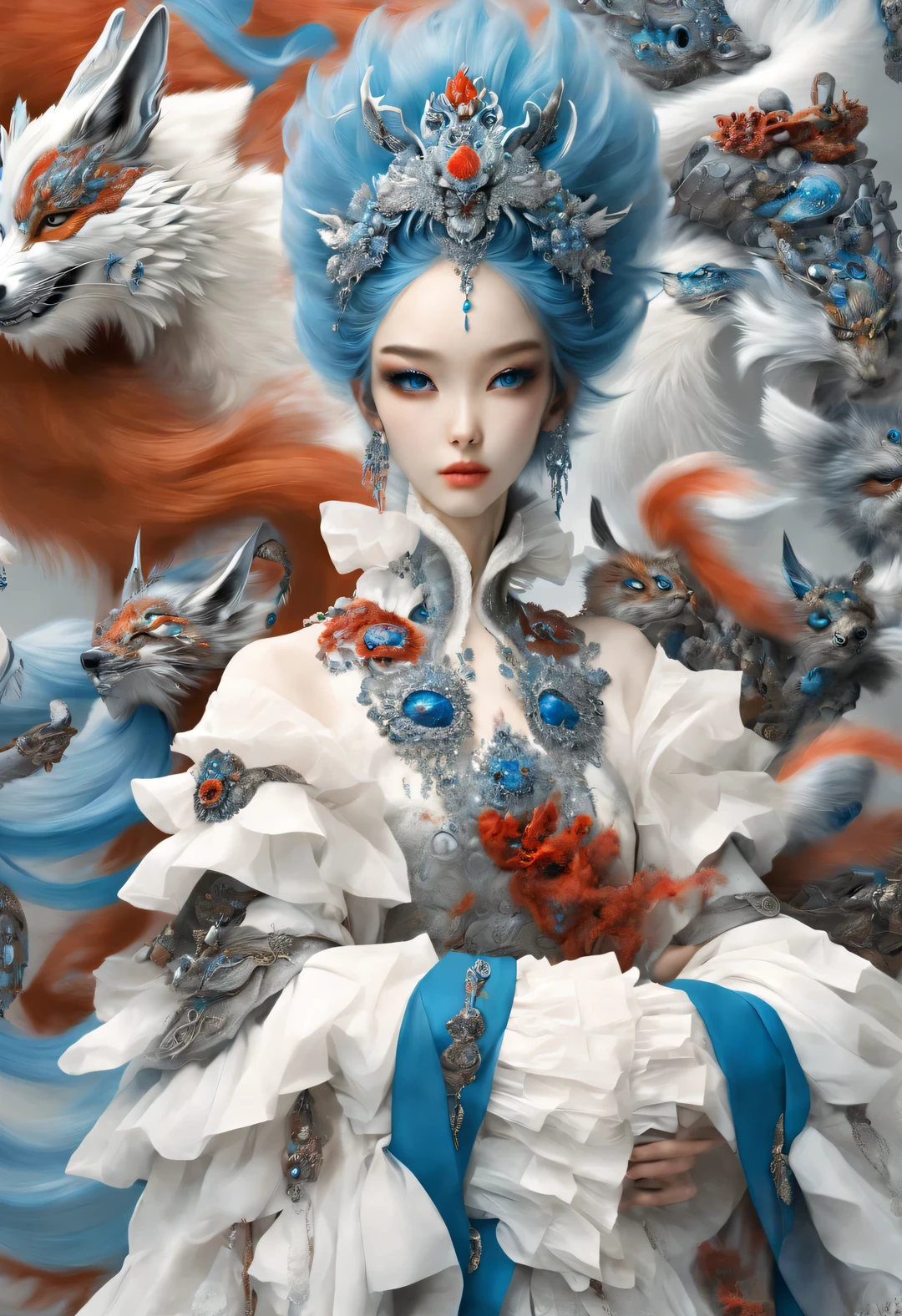 Zbrush style red and blue fashion painting, Oriental style, Soft realism and surreal details, blue and sky blue tones (A fox with only nine red tails and blue eyes: 1.0), fox beautiful face, white hair, Lots of fluffy red tails wrapped around, Ancient Chinese mythical beasts, Classic of Mountains and Seas, fantasy,