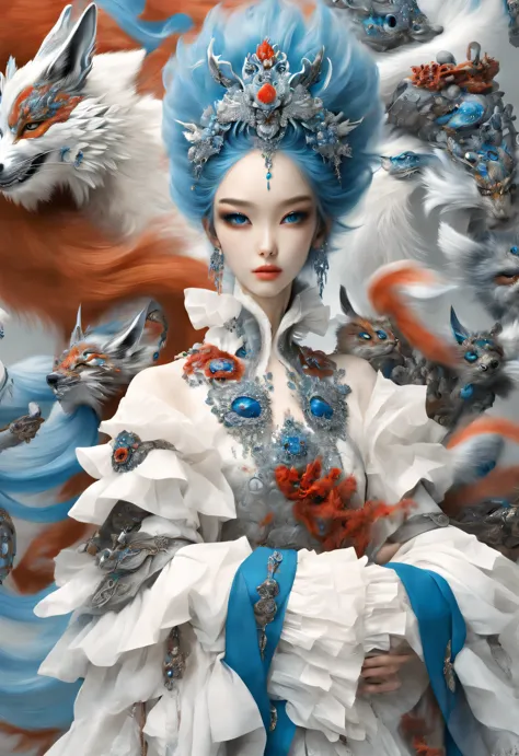 Zbrush style red and blue fashion painting, Oriental style, Soft realism and surreal details, blue and sky blue tones (A fox wit...