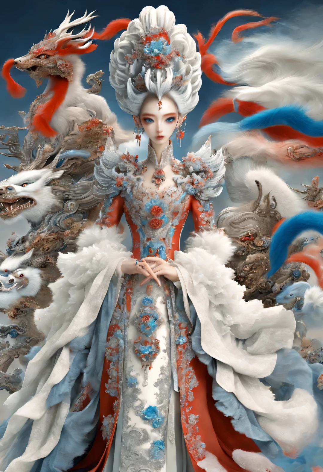 Pintura de moda roja y azul estilo Zbrush., estilo oriental, Suave realismo y detalles surrealistas., blue and sky blue tones (Un zorro con sólo nueve colas rojas y ojos azules.: 1.0), hermosa cara de zorro, pelo blanco, Muchas colas rojas esponjosas envueltas, Antiguas bestias míticas chinas, Clásico de Montañas y Mares, fantasía,