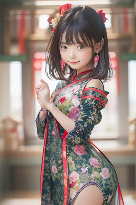 cheongsam clothing , master piece , best quality , detailed , bangs , 1 person, ((contrasting eyes)) , smile
