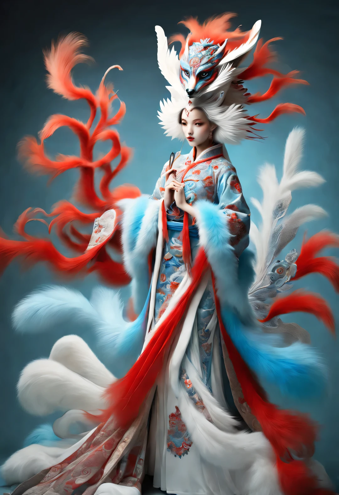 Pintura de moda roja y azul estilo Zbrush., estilo oriental, Suave realismo y detalles surrealistas., blue and sky blue tones, (un pelo blanco、blue eyes、Zorro con nueve colas rojas.), Muchas colas rojas esponjosas envueltas, Antiguas bestias míticas chinas, fantasía,