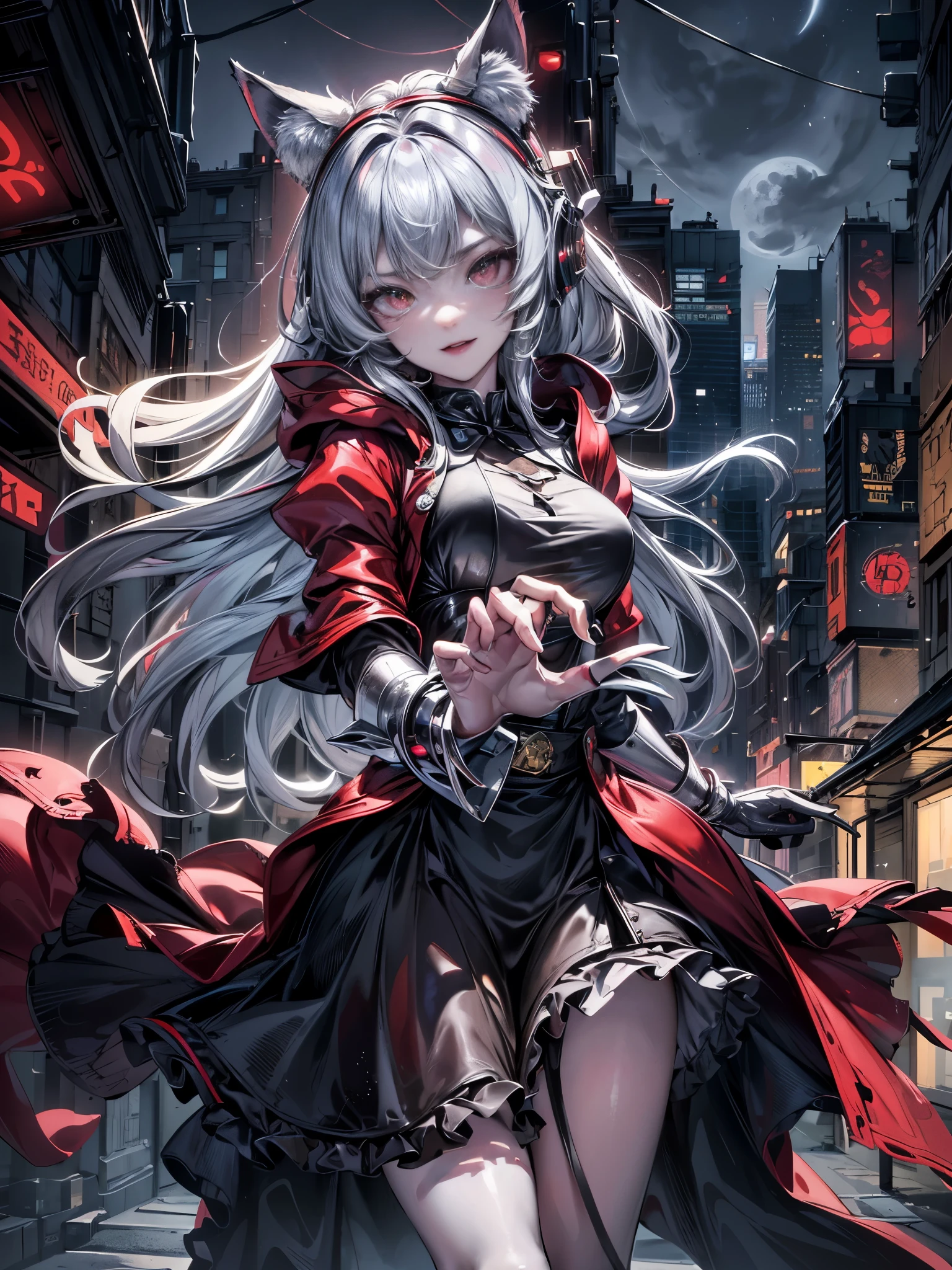 cinematic lighting,super dense skin、Beautiful quality with attention to detail,perfect anatomy,(replace、dim color, pleasant tone:1.3),(Detailed beautiful facial features、:1.3)（Little Red Riding Hood style hood、A fox girl wearing a maid uniform apron:1.4）、（cyberpunk style apron:1.5） sly way of laughing（Girl Playing Guitar、Mike stand、highly detailed hands:1.2）Big city buildings at night、building roof、Skyscraper、（Highly detailed feet:1.3）、dynamism（Sparkling✨、the night deepens、shining moon、beautiful night:1.5）monster cat girl、whole body