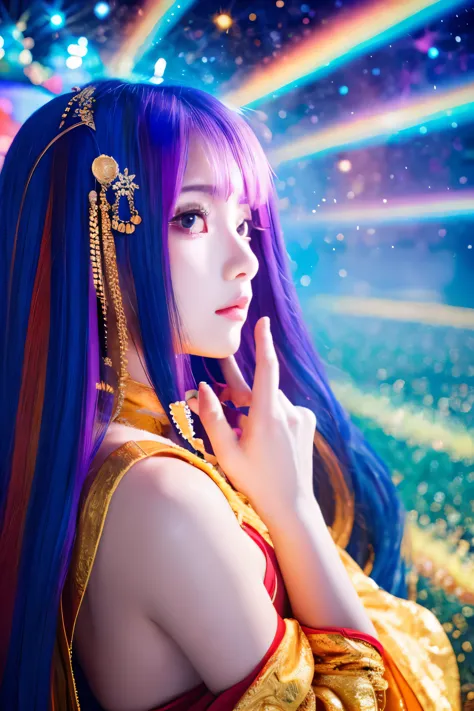anime girl with space hair、goddess、spiritual、colorful、pray