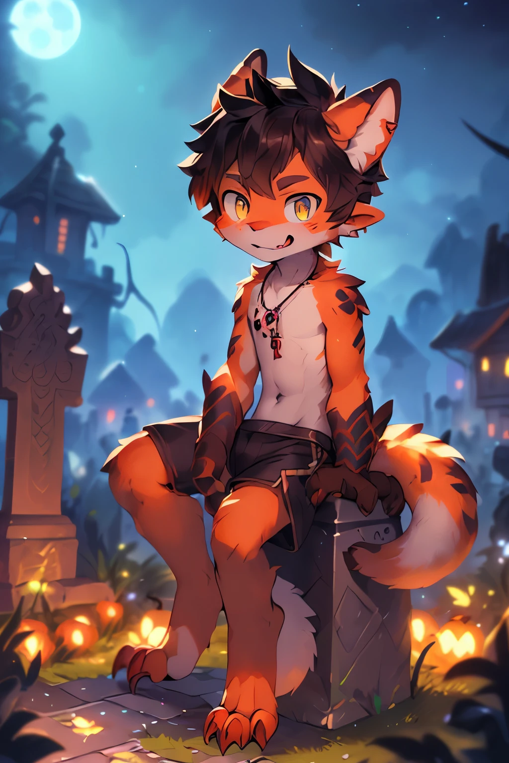 A cartoon fox sitting on a rock in front of a cemetery - SeaArt AI