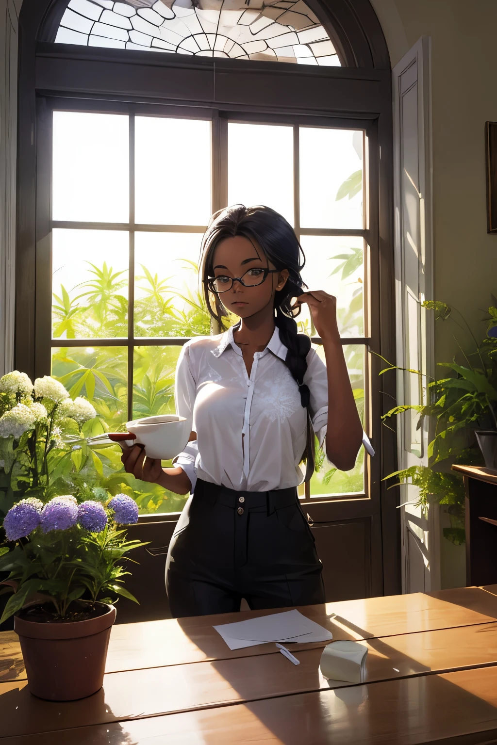 ((determined ((dark-skinned ((Haitian)) female exorcist with freeform braided hairstyle wearing glasses)) rolling up herbal joint while waiting for tea to boil, (wearing detailed flowing outfit), (cannabis flower tattoos on arms and legs), high quality photo, relaxing and smoking in the kitchen (with copious tall cannabis sativa plants and hydrangeas surrounding scene with foggy sunrise visible through large glass window), masterpiece, highly detailed, perfect face