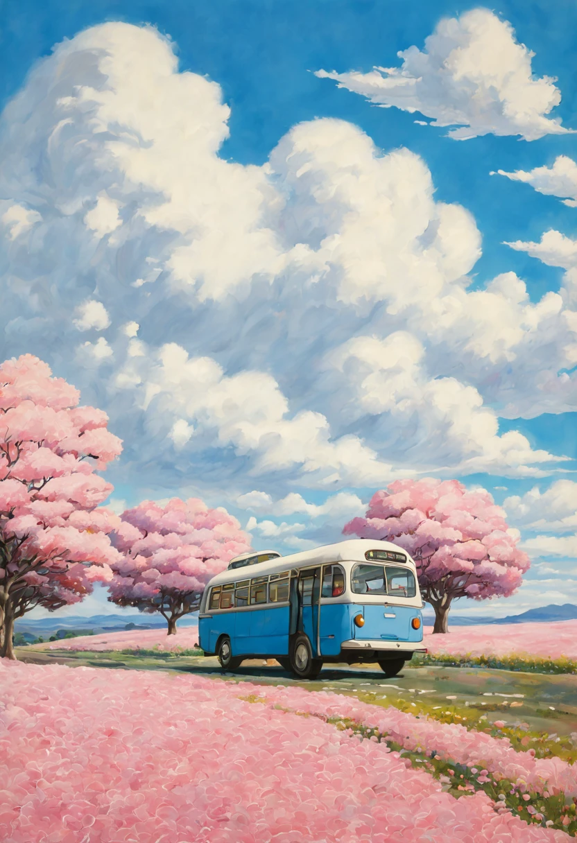 (((best quality)))), Realistic, authentic, beautiful and amazing landscape with a bus on the road oil painting Studio Ghibli Hayao Miyazaki pasture petals with blue sky and white clouds, no humans. A bus journeys west, the windshield flashing pink, pink glancing off of metal, brushing the dented flank of blue, beat-up enamel, Studio Ghibli
