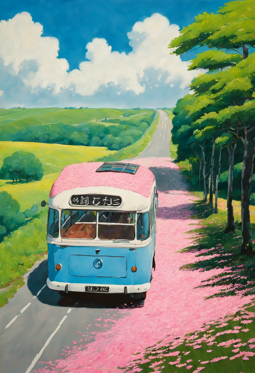 (((best quality)))), Realistic, authentic, beautiful and amazing landscape with a bus on the road oil painting Studio Ghibli Hayao Miyazaki pasture petals with blue sky and white clouds, no humans. A bus journeys west, the windshield flashing pink, pink glancing off of metal, brushing the dented flank of blue, beat-up enamel, Studio Ghibli
