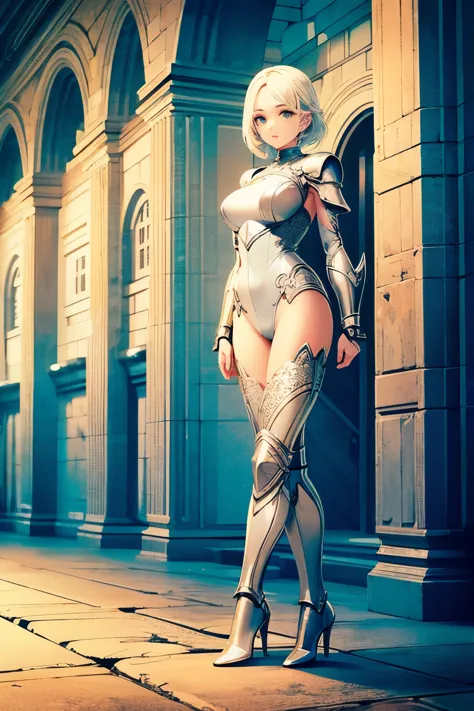 (((masterpiece))), (((best quality))), ((ultra-detailed)), (cinematic lighting), (illustration), (beautiful detailed eyes), (1girl), full body, space, knight, armour, light hair, walking, castle in distance, best quality, expressive eyes, perfect face, Gir...