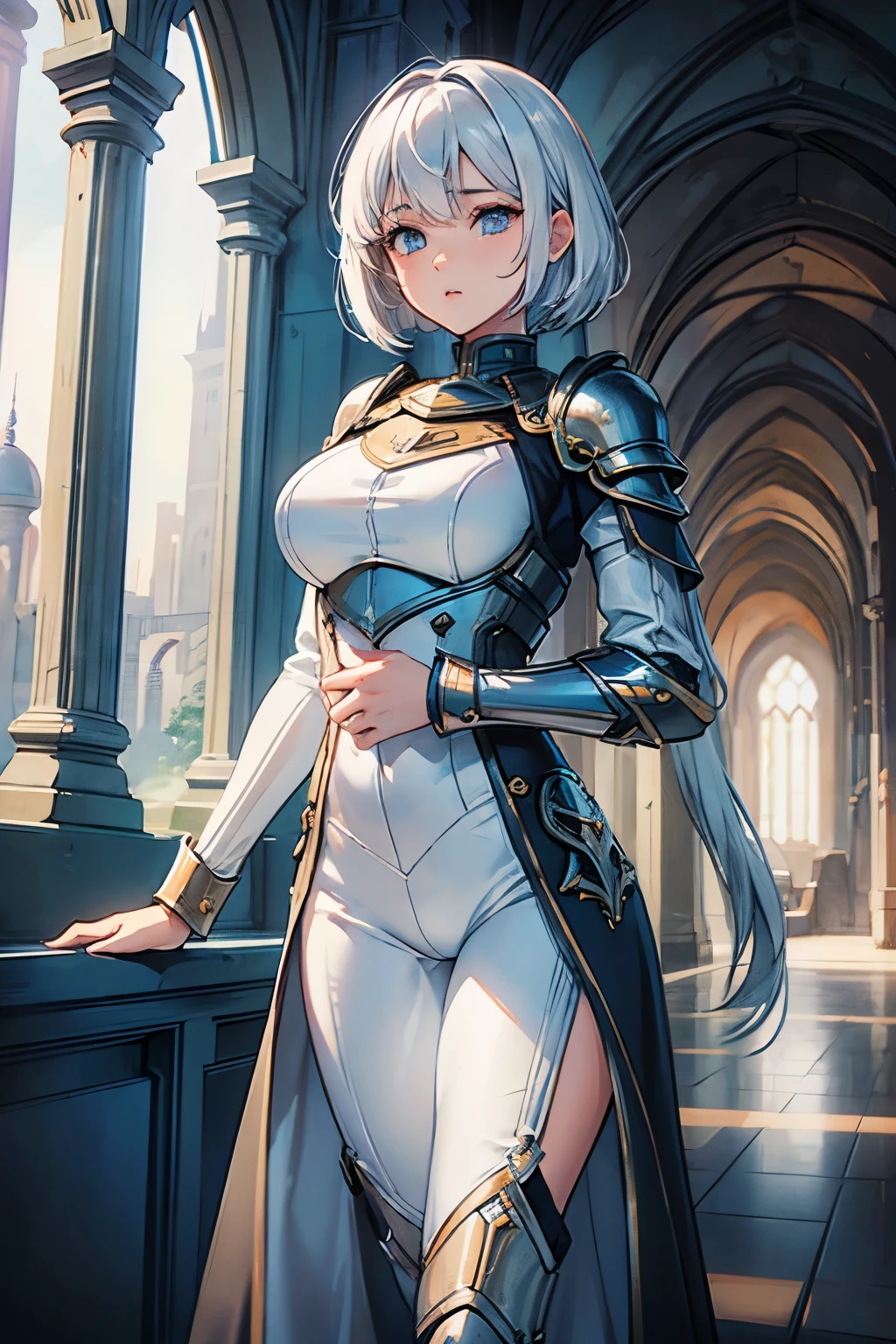 (((masterpiece))), (((best quality))), ((ultra-detailed)), (cinematic lighting), (illustration), (beautiful detailed eyes), (1girl), full body, space, knight, armour, light hair, walking, castle in distance, best quality, expressive eyes, perfect face, Girl: (20s, white hair, short hair, black jumpsuit, grey and blue armour),