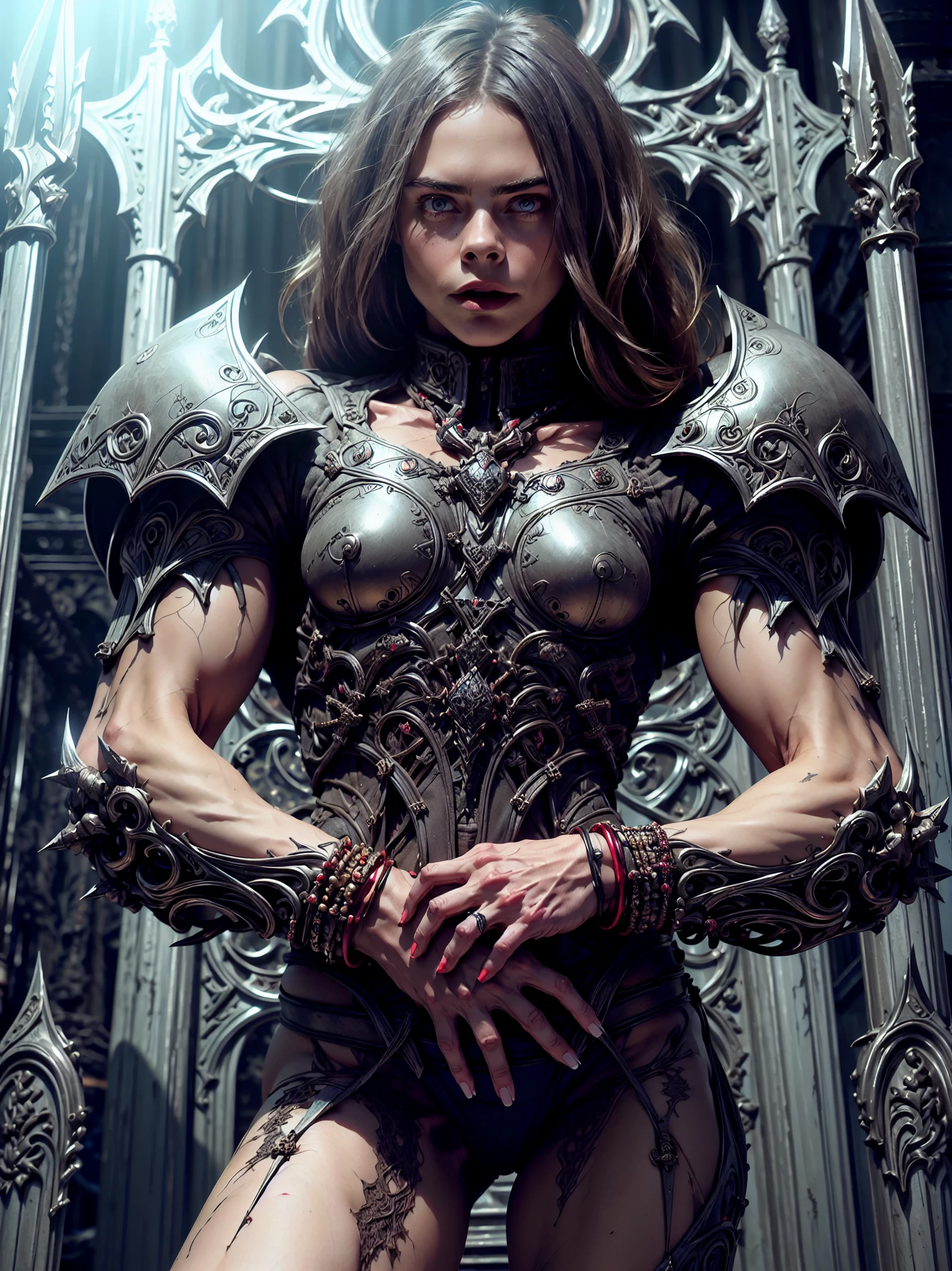 (1 girl), (cara delevingne:1.25), (pure white skin:1.25), Beautiful vampire girl dressed in ornate medieval vampiric full body armor, (perfect fingers:1.24), (extreme muscular definition:1.5), (vampiric body armor:1.25), (huge muscular arms:1.5,) (10-pack abs:1.4), (lots of veins:1.25), Ultra Realistic, Very detailed face and eyes, a true masterpiece, with an atmosphere of horror, gothica, blood, haunted cathedrals