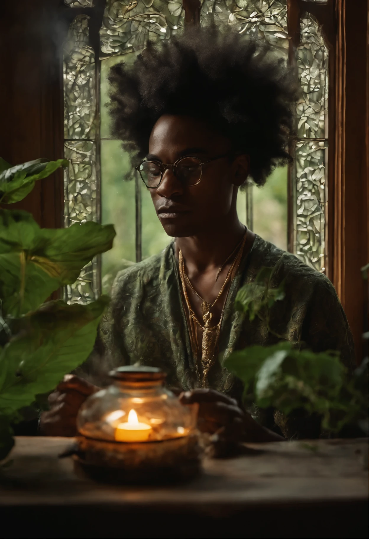 ((determined ((dark-skinned ((Haitian)) male wizard with freeform braided hairstyle wearing glasses)) rolling up herbal joint while waiting for tea to boil, (wearing detailed flowing wizard's robe), (cannabis flower tattoos on arms and legs), high quality photo, relaxing and smoking in the kitchen (with copious tall cannabis sativa plants and hydrangeas surrounding scene with foggy sunrise visible through large glass window), masterpiece, highly detailed, perfect face