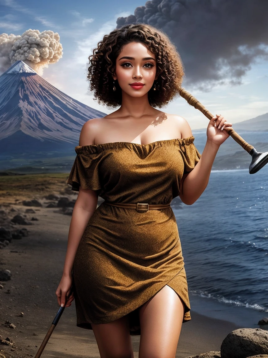 highest quality、masterpiece、ultra high resolution、(realistic:1.4)、Beautiful woman、Take a full body photo、beautiful eyes and skin details、smile、Brown curly hair、Primitive fur one-shoulder mini dress、dark skin、holding a stone club in hand、A volcano erupts in the background、is hunting