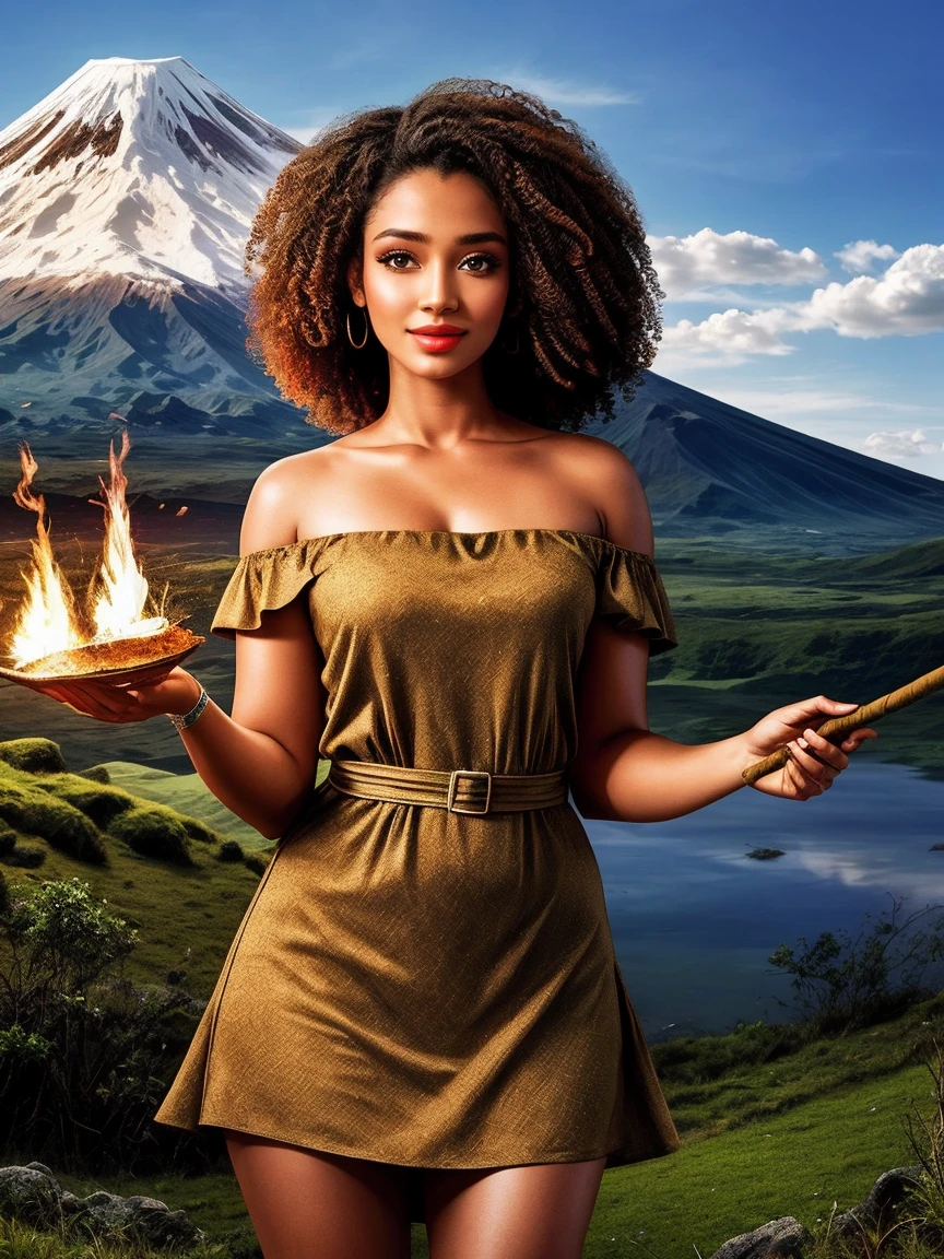 highest quality、masterpiece、ultra high resolution、(realistic:1.4)、Beautiful woman、Take a full body photo、beautiful eyes and skin details、smile、Brown curly hair、Primitive fur one-shoulder mini dress、dark skin、holding a stone club in hand、A volcano erupts in the background、is hunting