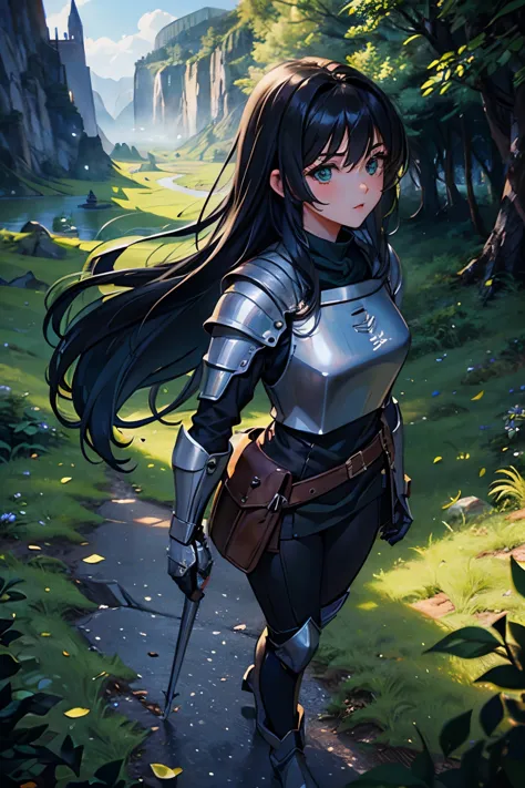 (((masterpiece))), (((best quality))), ((ultra-detailed)), (cinematic lighting), (illustration), (beautiful detailed eyes), (1girl), full body, space, knight, armour, light hair, walking, castle in distance, best quality, expressive eyes, perfect face, Gir...
