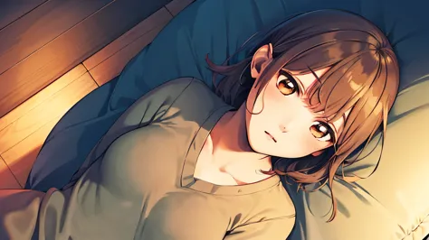 masterpiece, highest quality, High resolution, Achinatsu, medium hair, Girl listening to music in a cozy room at night, 2D anime style, hard disk, dark environment,lying on the bed、looks sleepy,From above