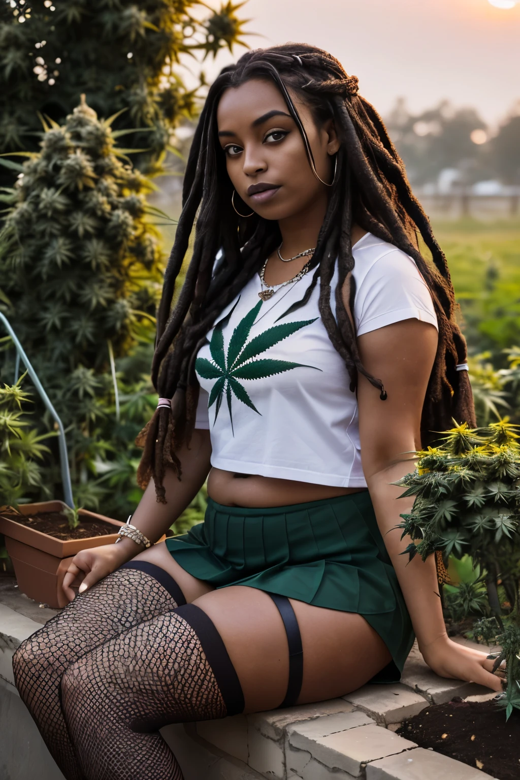 ((joyful ((chubby ((dark-skinned Nicaraguan)) goth girl with long freeform dreadlocks and hairy legs)) sitting in middle of garden while peacefully observing the sunrise, (wearing cropped punk T-shirt and pleated skirt with fishnet stockings), (wearing diamond necklace), (cannabis flower tattoos on arms and legs), plump legs spread apart, high quality photo, sitting quietly (with many cannabis sativa plants and juniper shrubs in garden during foggy sunrise)