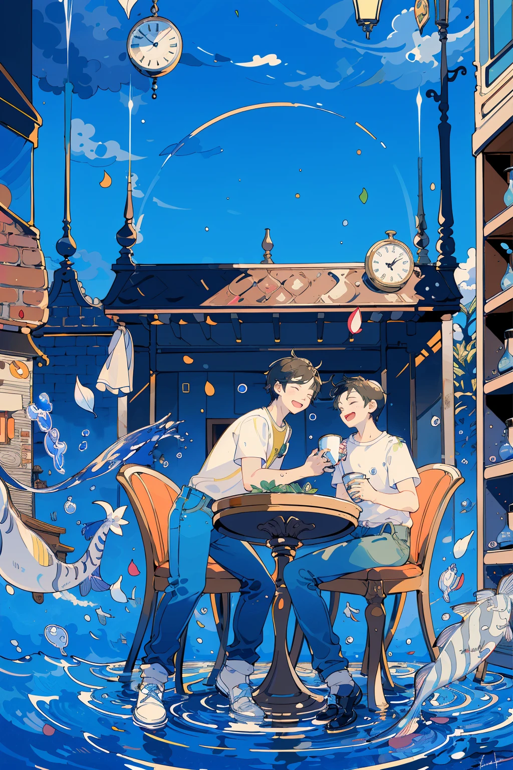 (masterpiece:1.2), best quality,PIXIV, 
fairy tale style, multiple men, 2 man, clock, short sleeves, black hair, sitting, closed eyes, chair, plant, cup, shoes, table, shirt, open mouth, water, fish, signature, bubble, pants, wide shot, leaf, white shirt, smile
 