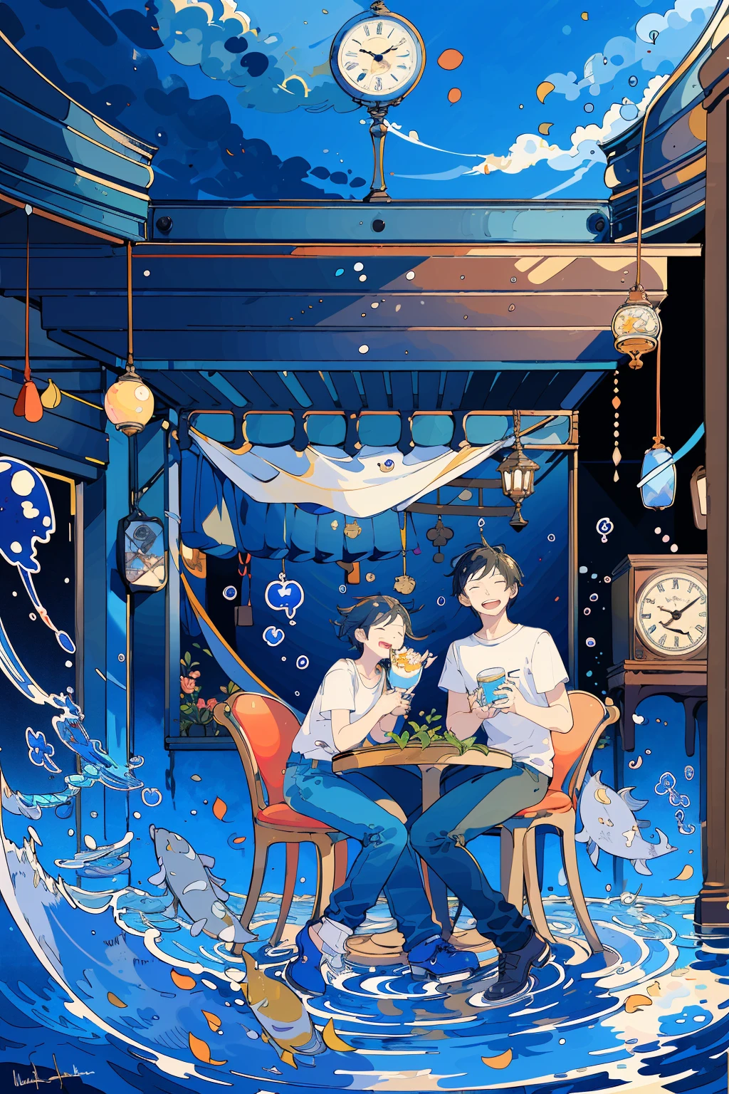 (masterpiece:1.2), best quality,PIXIV, 
fairy tale style, multiple men, 2 man, clock, short sleeves, black hair, sitting, closed eyes, chair, plant, cup, shoes, table, shirt, open mouth, water, fish, signature, bubble, pants, wide shot, leaf, white shirt, smile
 