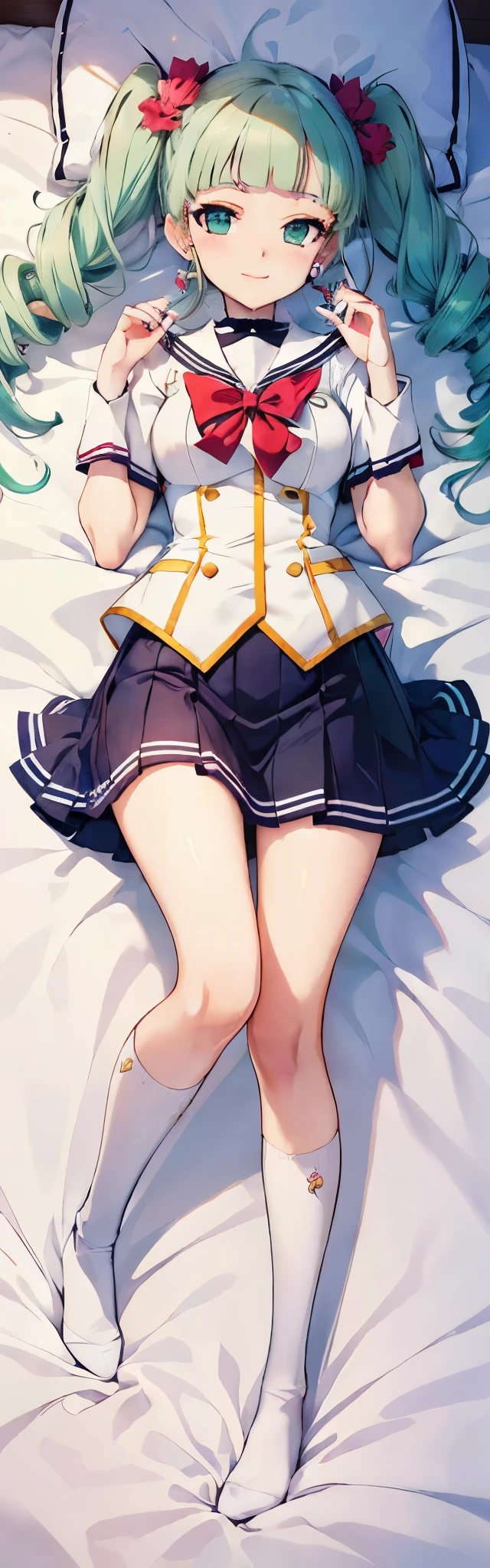 Anime girl laying on a bed with a white sheet and a red bow SeaArt AI