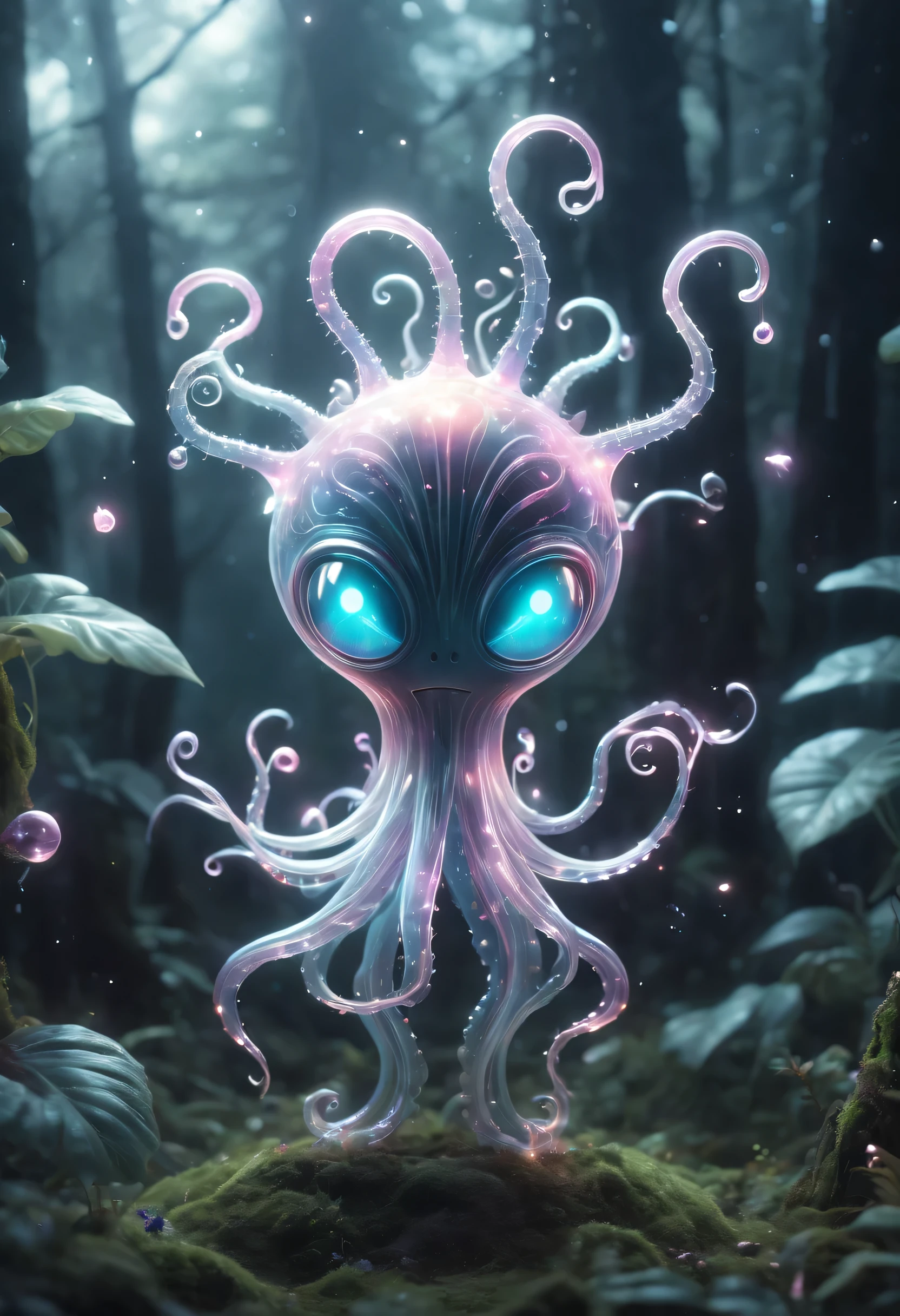 Cute creatures in the alien forest，Ugly alien creatures，There are long tentacles on the big head，super strong radio waves，lightwave，flying in the air，angry，transparent，glowing plants。Magic wand