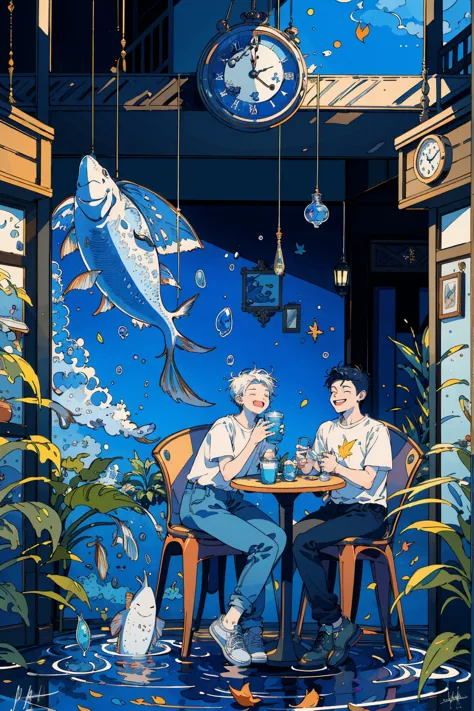 (masterpiece:1.2), best quality,pixiv, 
fairy tale style, multiple men, 2 man, clock, short sleeves, sitting, closed eyes, chair...