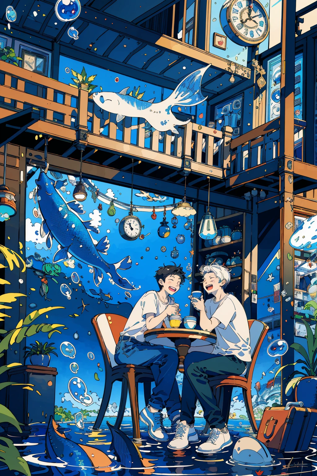 (masterpiece:1.2), best quality,PIXIV, 
fairy tale style, multiple men, 2 man, clock, short sleeves, black hair, sitting, closed eyes, chair, plant, cup, shoes, table, shirt, open mouth, water, fish, signature, bubble, pants, wide shot, leaf, white shirt, smile
 