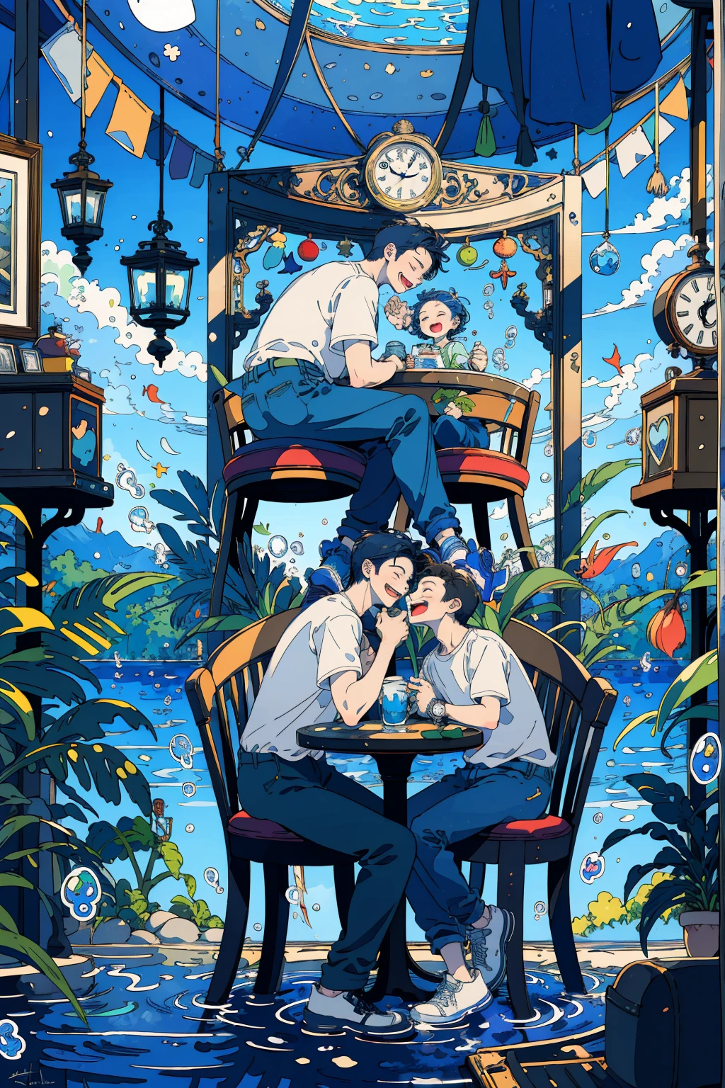 (masterpiece:1.2), best quality,PIXIV, 
fairy tale style, multiple men, 2 man, clock, short sleeves, black hair, sitting, closed eyes, chair, plant, cup, shoes, table, shirt, open mouth, water, fish, signature, bubble, pants, wide shot, leaf, white shirt, smile
 