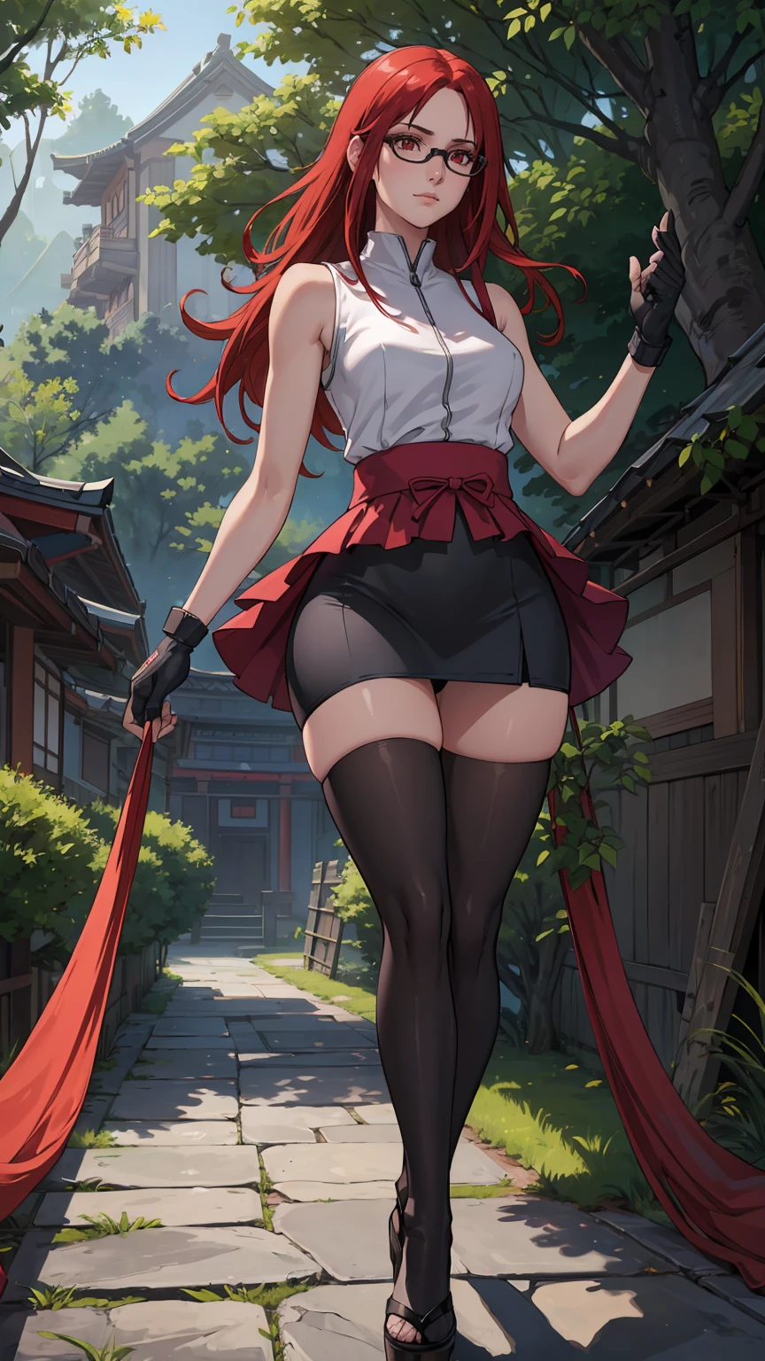 (masterpiece:1.2, best quality:1.2, beautiful, high quality, highres:1.1), detailed, extremely detailed 4K, perfect eyes, perfect face, perfect lighting, (1girl, solo, adult female, mature female), thin, lithe body, 
karin, long red hair, red eyes, glasses, (flat chest:1.2), glasses, red eyes
Pale violet sleeveless shirt, black straight skirt, bike shorts under skirt, black stockings, combat gloves, 
(outside, trees, japanese village background:1.2), closed clothes, closed zipper shirt, (( serene calm, elegant ))  sexy curves, 8k