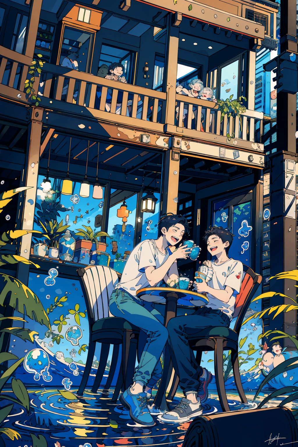 (masterpiece:1.2), best quality,PIXIV, 
fairy tale style, multiple men, 2 man, clock, short sleeves, black hair, sitting, closed eyes, chair, plant, cup, shoes, table, shirt, open mouth, water, fish, signature, bubble, pants, wide shot, leaf, white shirt, smile
 