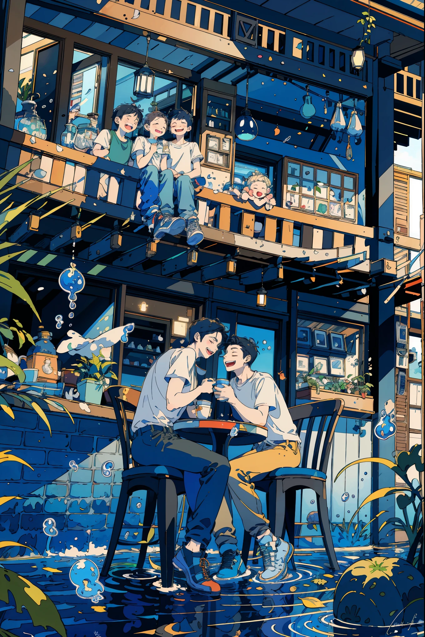 (masterpiece:1.2), best quality,PIXIV, 
fairy tale style, multiple men, 2 man, clock, short sleeves, black hair, sitting, closed eyes, chair, plant, cup, shoes, table, shirt, open mouth, water, fish, signature, bubble, pants, wide shot, leaf, white shirt, smile
 