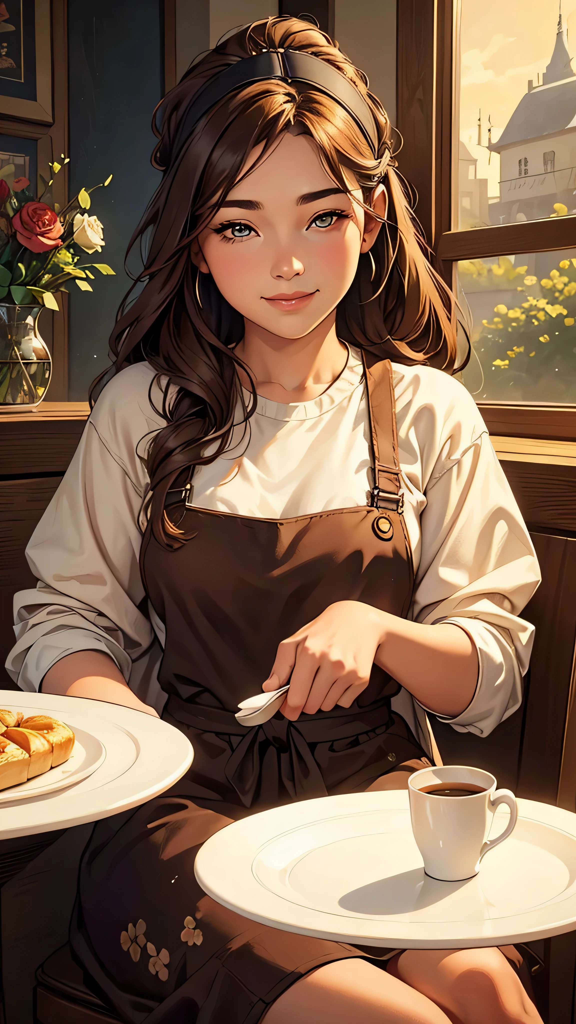 A girl sitting at a wooden table in a cozy cafe, with a window overlooking a bustling city street. The girl has beautiful detailed eyes, a sweet smile, and long flowing hair. She is dressed in a stylish outfit, wearing a floral dress with a matching headband. The cafe has a warm and inviting atmosphere, with soft lighting and comfortable chairs. The table is adorned with a vase of fresh flowers, adding a touch of nature to the scene. A plate of delicious pastries is placed on the table, accompanied by a coffee cup and a saucer. Next to the plate, there is a 15 dollar tip, showcasing the customer's appreciation for the excellent service received. The artwork is created using traditional oil painting techniques, with vibrant colors and expressive brushstrokes. The image is of the best quality, with ultra-detailed features and realistic textures. The overall color scheme is warm and inviting, with a soft glow enveloping the scene. The lighting is carefully designed to highlight the girl's features and create a sense of warmth and coziness.
Medium: Oil painting
Additional details: Cozy cafe atmosphere, fresh flowers, delicious pastries
Image quality: (best quality, ultra-detailed, realistic), vivid colors
Art style: Traditional oil painting
Color palette: Warm and inviting tones
Lighting: Warm and soft glow.