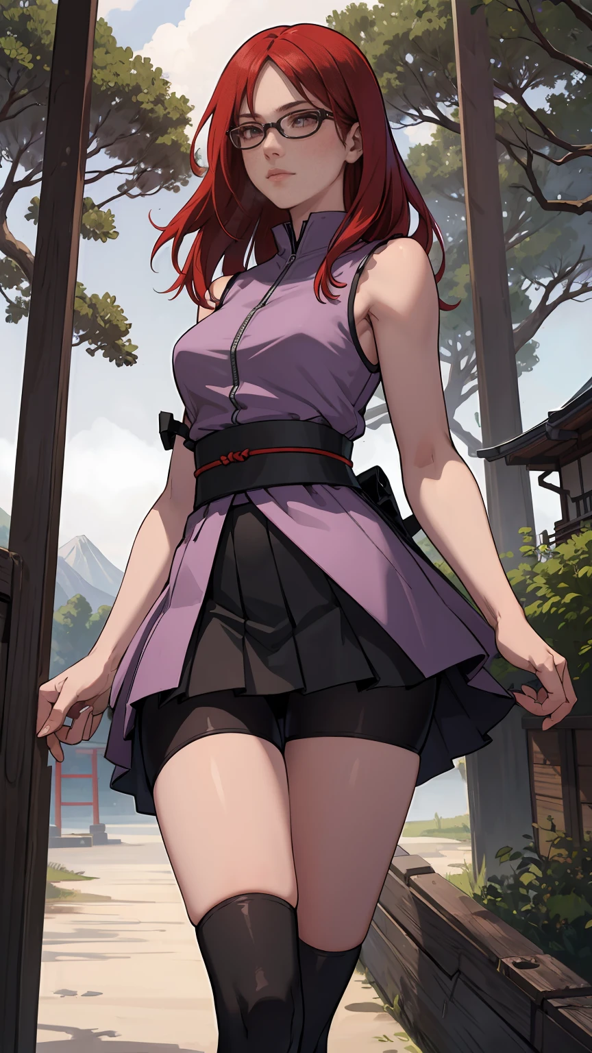 (masterpiece:1.2, best quality:1.2, beautiful, high quality, highres:1.1), detailed, extremely detailed 4K, perfect eyes, perfect face, perfect lighting, (1girl, solo, adult female, mature female), thin, lithe body, 
karin, long red hair, red eyes, glasses, (flat chest:1.2), glasses, red eyes
Pale violet sleeveless shirt, black straight skirt, bike shorts under skirt, black stockings, combat gloves, 
(outside, trees, japanese village background:1.2), closed clothes, closed zipper shirt, (( serene calm, elegant )) 