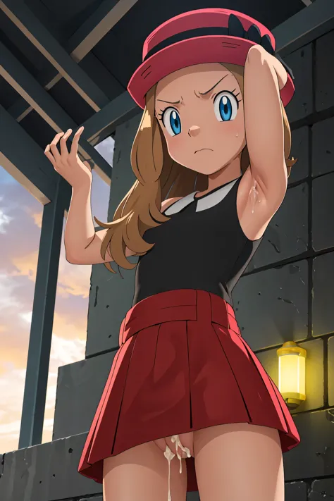 masterpiece, highest quality, High resolution, outdoor, 1 girl, alone, Serena (Pokemon), pink headwear, red skirt, black shirt, bare shoulders, looking at the viewer, grumpy face, from below, Looking down on the viewer, raise your arms, armpit, spread_armp...