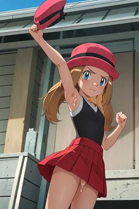 masterpiece, highest quality, High resolution, outdoor, 1 girl, alone, Serena (Pokemon), pink headwear, red skirt, black shirt, bare shoulders, looking at the viewer, grumpy face, from below, Looking down on the viewer, raise your arms, armpit, spread_armp...