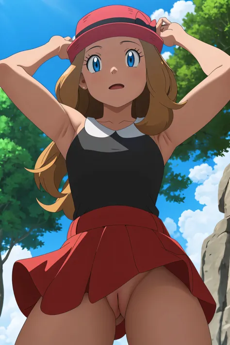 masterpiece, highest quality, High resolution, outdoor, 1 girl, alone, Serena (Pokemon), pink headwear, red skirt, black shirt, bare shoulders, looking at the viewer, from below, Looking down on the viewer, raise your arms, armpit, spread_armpit, armpit_pu...