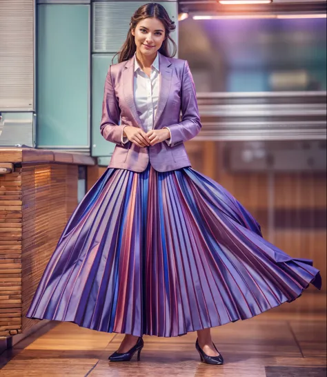 A smiling, authentic, (shy:1,3), kind, beautiful woman, completely alone in an empty space station, in love with her skirt, standing while wind lifts her skirt, wearing short blazer and very very detailed (long (fully pleated) full circle skirt) and (simpl...