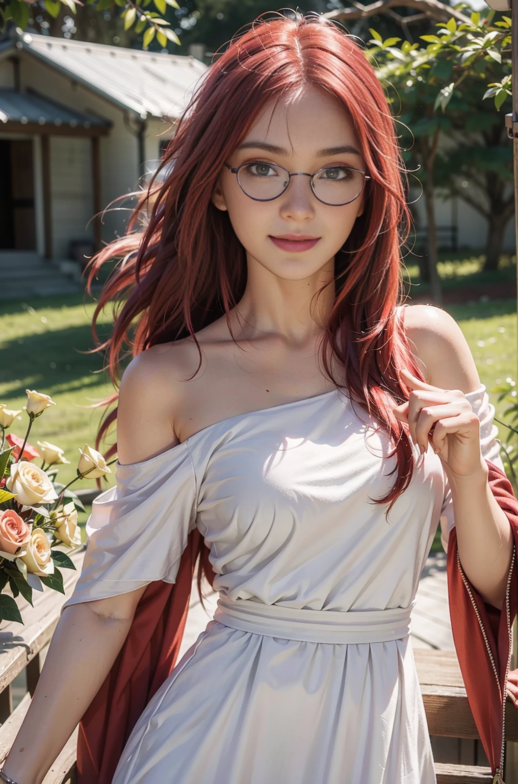 Best quality, masterpiece, ultra high res, (photorealistic:1.4), raw photo, 1girl, white dress, off shoulder, blossom flower field, glowing skin, light smile, long red hair, red eyes, glasses, karin uzumaki 