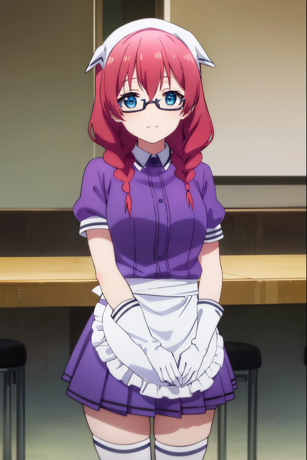 miuamano, miu amano, long hair, bangs, blue eyes, braid, red hair, glasses, twin braids, semi-rimless eyewear, under-rim eyewear, smile,
BREAK skirt, shirt, thighhighs, gloves, short sleeves, pleated skirt, glasses, puffy sleeves, white gloves, apron, white thighhighs, puffy short sleeves, waist apron, purple skirt, purple shirt, waitress, head scarf,
BREAK indoors, restaurant,
BREAK looking at viewer, (cowboy shot:1.5),
BREAK (masterpiece:1.2), best quality, high resolution, unity 8k wallpaper, (illustration:0.8), (beautiful detailed eyes:1.6), extremely detailed face, perfect lighting, extremely detailed CG, (perfect hands, perfect anatomy),