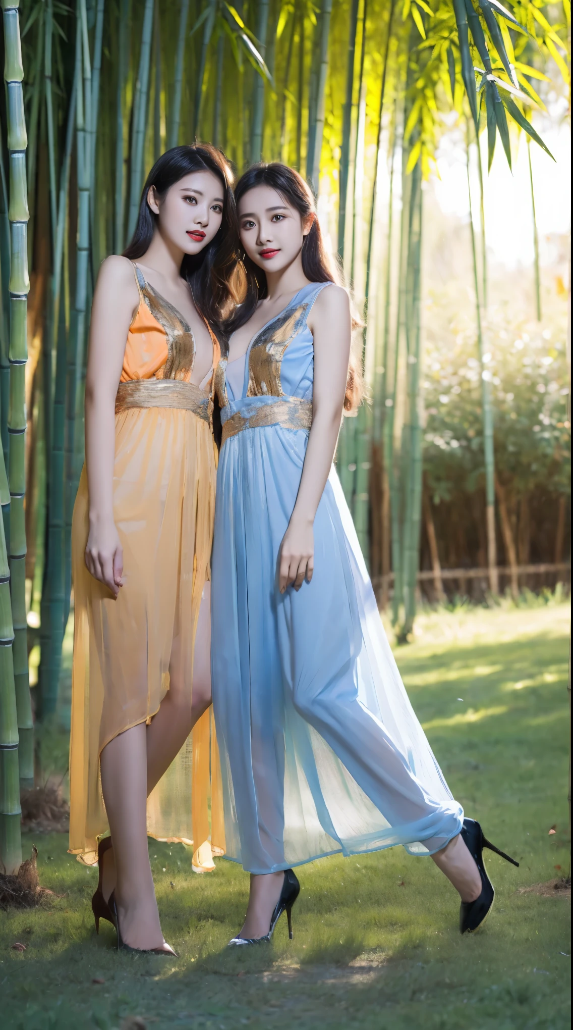 Two women in dresses standing next to each other in front of a bamboo tree  - SeaArt AI