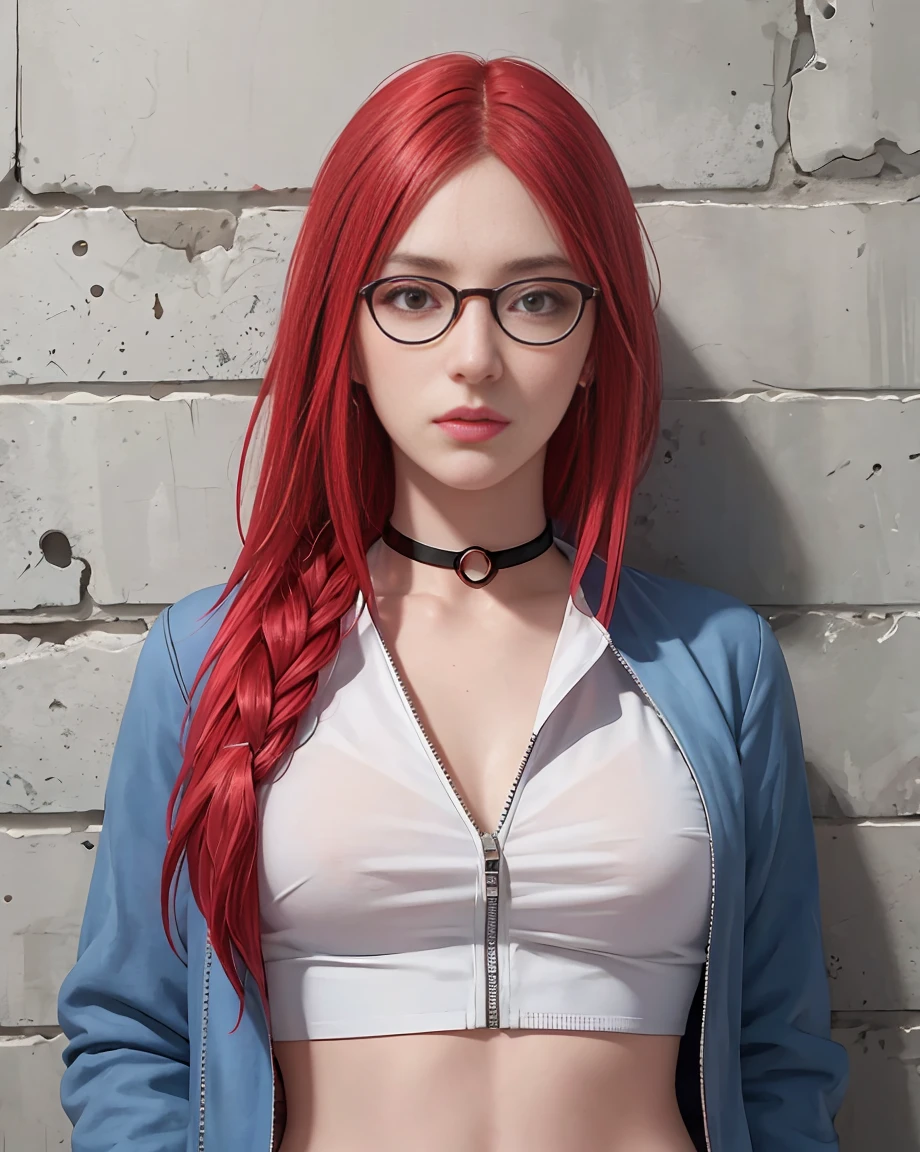 (masterpiece, best quality, 1girl, solo, intricate details, chromatic aberration), realistic, ((medium breath)), single braid red hair,  red eyes, glasses, earrings, sharp eyes, pink lips, choker, neon shirt, open jacket, crop top, (symmetry eyes),(perfect symmetrical body), against wall, brick wall, graffiti, dim lighting, alley ,look at viewer, karin uzumaki,  uzumaki karin