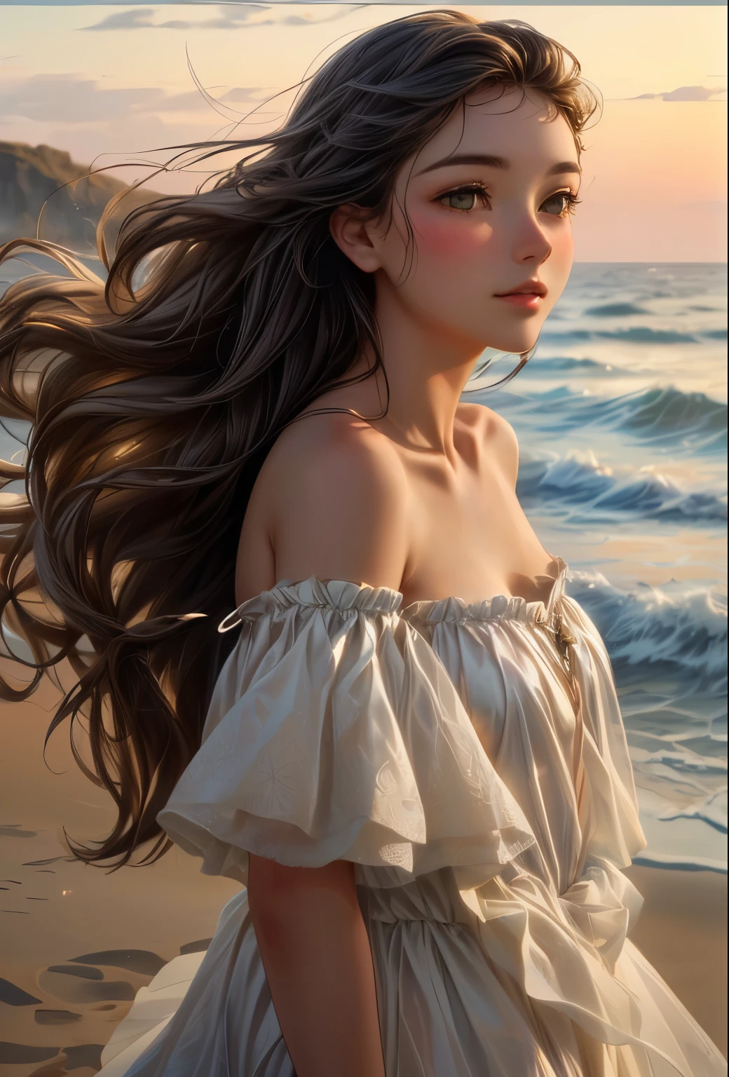 
La fille géorgienne à la mer, sa robe fluide flottait au vent, créer une vue éthérée. Cette magnifique peinture à l&#39;huile capture sa grâce et sa vulnérabilité alors qu&#39;elle se tient sur le rivage sablonneux.. Les teintes douces du coucher de soleil projettent une lueur chaleureuse sur ses traits délicats., tandis que le vent doux ébouriffe délicatement ses cheveux. L&#39;image rayonne d&#39;une beauté sereine, plonger les spectateurs dans la tranquillité du moment.