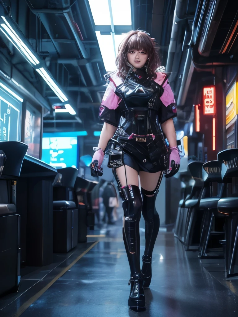 ((realistic)), ((best quality)), ((masterpiece)), (ultra details), 1girl, full body, standing, leaning forward, futuristic, cute face, k-pop idle IVE, wearing パワードスーツ、mechanical, wearing futuristic clothing, science fiction, background cyber punk, background neon sign, steam punk, 1girl, cute face, k-pop idle IVE, messy hair, curly hair, wearing パワードスーツ、wearing futuristic clothing, background cyber punk, background neon sign, steam punk, full body, standing, leaning forward