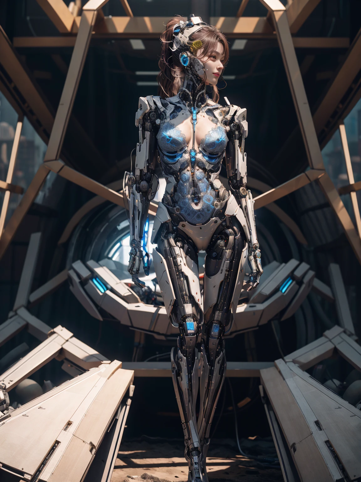 8K, BEST QUALITY, MASTERPIECE, COMPLEX 3D RENDER ULTRA DETAILED OF A BEAUTIFUL PORCELAIN PROFILE WOMAN ANDROID FACE, CLEAR GLASS ARMOR, BROWN HAIR, PONYTAIL, LUMINOUS BLUE STRIP, CYBORG, ROBOTIC PARTS, (ROBOTIC TRUNK:1.5), ROBOTIC ARMS, MECHANIC LEGS, LOOK AT VIEWER, FULL BODY, GRIN, STANDING, SEXY POSE, SMALL BREASTS, FUTURISTIC CITY, ROUND AND STRAIGHT CHEST,IN A SPACE SHIP, SOFT LIGHT, RIM LIGHT, VIBRANT DETAILS, LUXURIOUS CYBERPUNK, LACE, HYPERREALISTIC, ANATOMICAL, FACIAL MUSCLES, TIGHT BODY, CABLE ELECTRIC WIRES, MICROCHIP, ELEGANT, BEAUTIFUL BACKGROUND,
