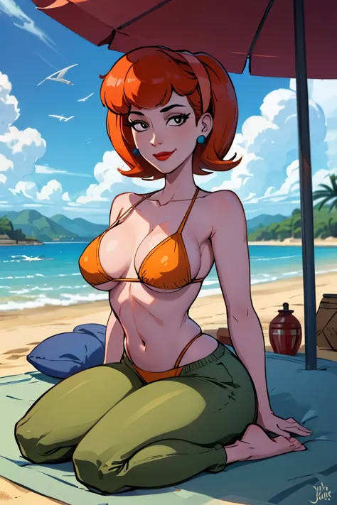(masterpiece, best quality:1.2),  linda_flynn-fletcher, 1girl, jewelry, earrings, solo, lipstick, hairband, makeup, breasts, large breasts, orange hair, short hair, crossed legs, pants, smile, sitting, outdoors, beach, day, looking at viewer, wariza, sky, ...