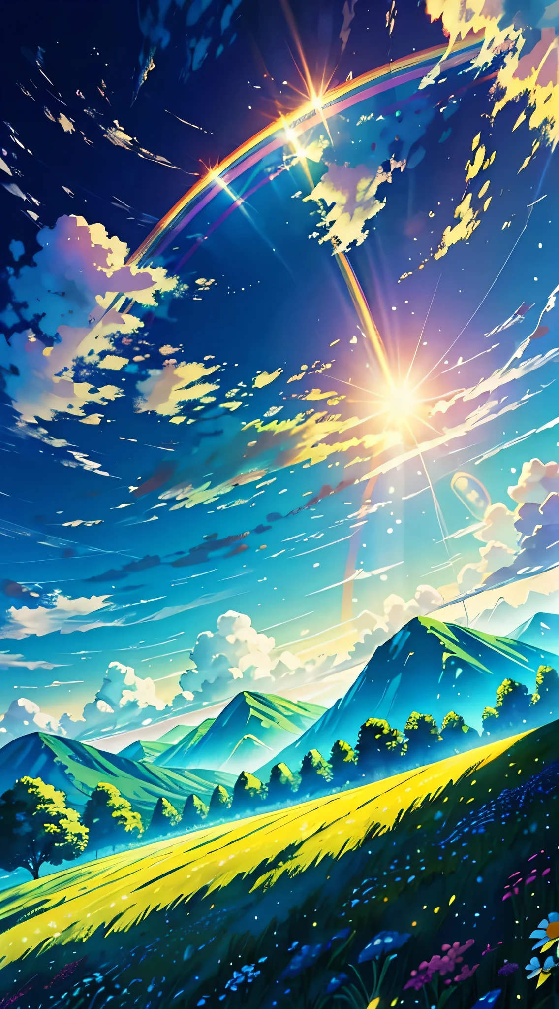 (from below, the sky is higher, Open the fields below), blue sky, White clouds, Sun, Sunlight, spheres, mountains, green trees, butterfly, grassy fields, flowers, wind, Sunshine, (dynamic composition: 1.4), Rich Details, saturated color, (rainbow colors: 1.2), (Luminous, Atmospheric lighting), dreamy, magic, tranquility